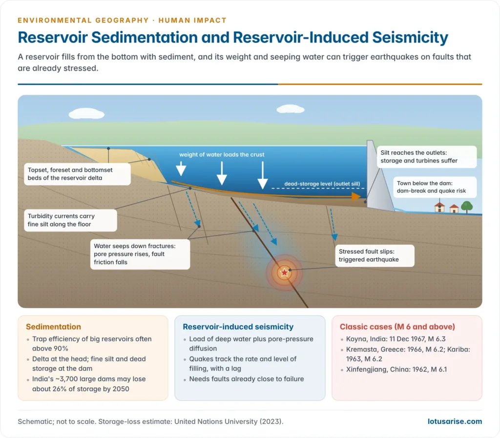 Cross-section of a reservoir showing a sediment delta at the head, turbidity currents and fine silt against the dam, with water load and pore pressure seeping down a fault beneath the reservoir to trigger an earthquake