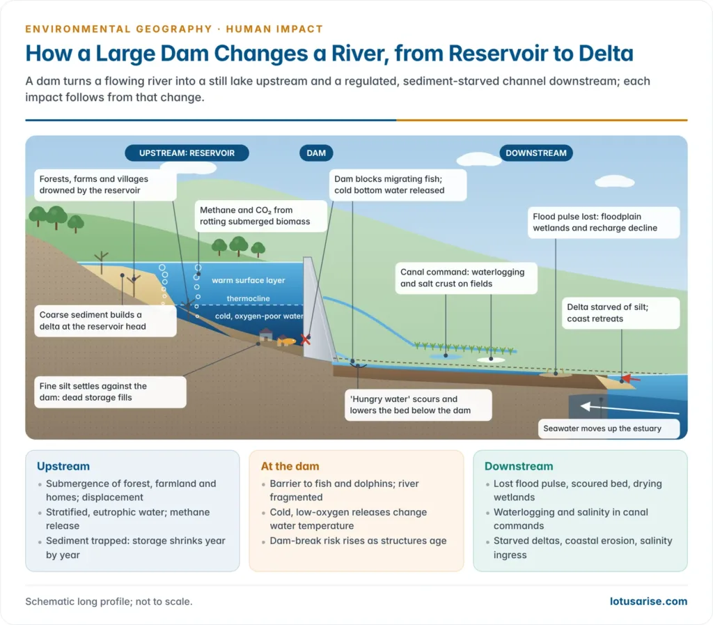 Valley cross-section along a dammed river showing upstream submergence of forest and villages, reservoir stratification and methane, the dam blocking fish, and downstream hungry-water scour, reduced flood pulse, waterlogged canal command and a shrinking delta with salinity ingress