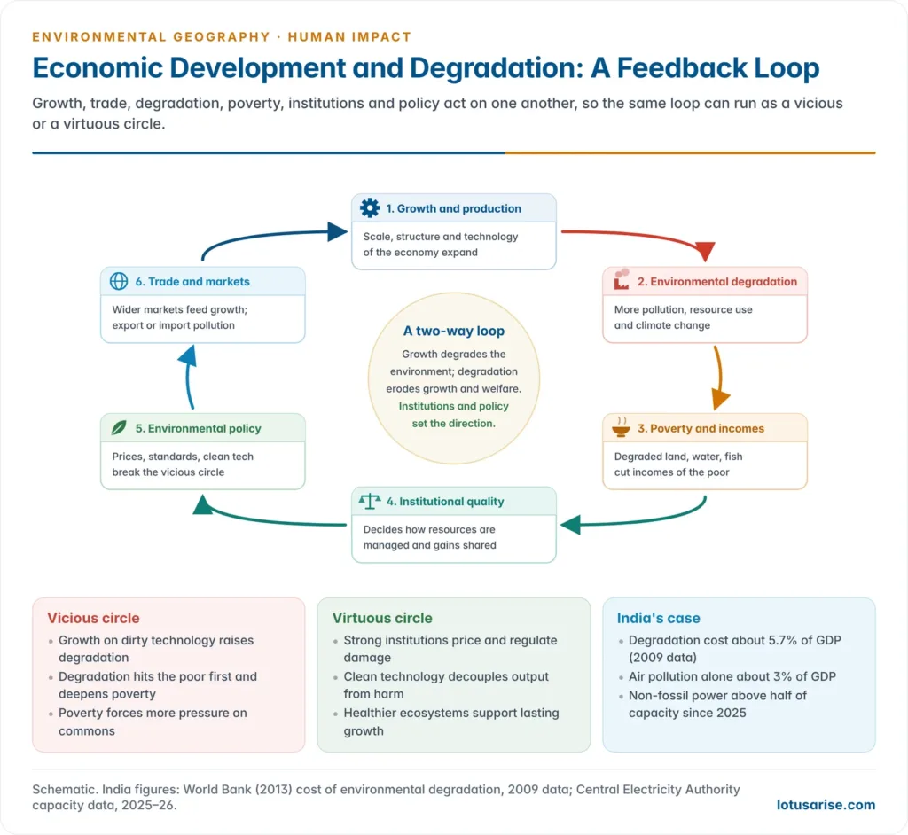 Feedback loop in which economic growth and trade raise production through scale, structure and technology, causing environmental degradation and climate change, which deepen poverty and lower incomes, while institutional quality and environmental policy can turn the loop towards sustainable development