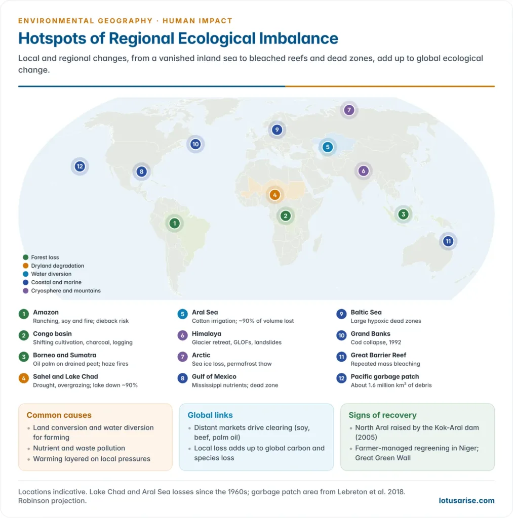 World map of hotspots of regional ecological imbalance including the Aral Sea, Sahel and Lake Chad, Amazon, Congo, Indonesian peatlands, the Himalaya, the Arctic, the Great Barrier Reef, Gulf of Mexico and Baltic dead zones and the Great Pacific Garbage Patch