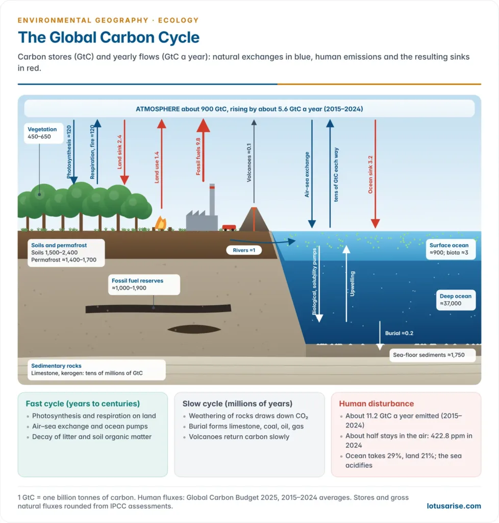 Carbon cycle across land, atmosphere and ocean with stores in billion tonnes of carbon and annual fluxes: photosynthesis and respiration, air-sea exchange, fossil-fuel and land-use emissions, the land and ocean sinks, weathering, burial and volcanic outgassing