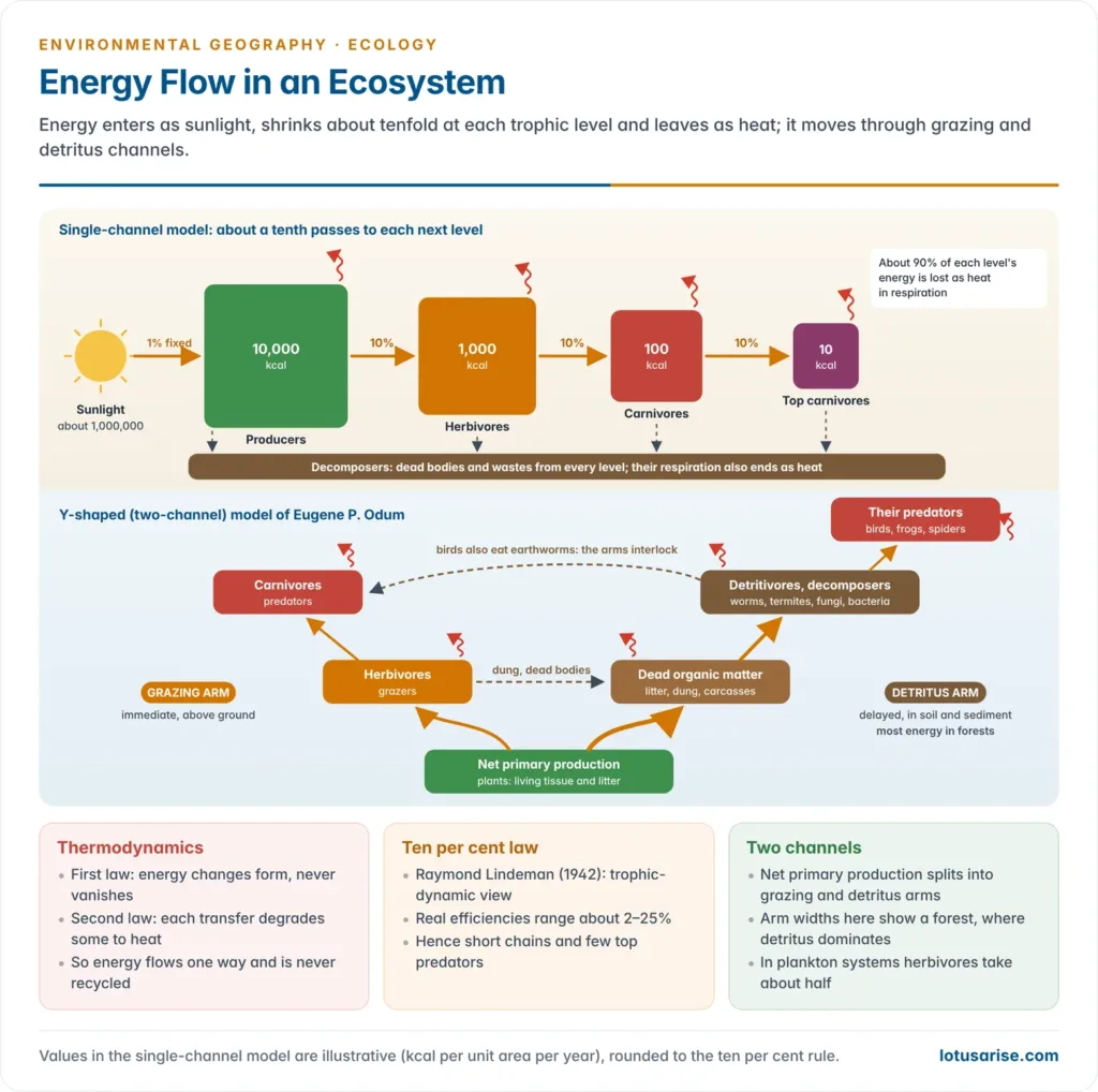 Single-channel energy flow from sunlight through producers, herbivores and carnivores with about 90 per cent lost as respiratory heat at each step, beside Odum's Y-shaped model splitting net primary production into a grazing arm and a detritus arm