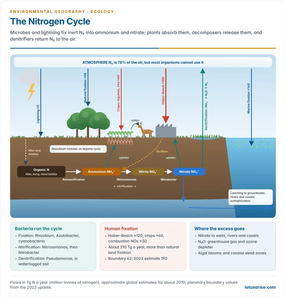 Nitrogen cycle showing atmospheric nitrogen fixed by lightning, legume root-nodule bacteria, free-living microbes and the Haber–Bosch process, followed by assimilation, ammonification, nitrification to nitrate, denitrification back to the air and leaching to water, with annual flows in million tonnes