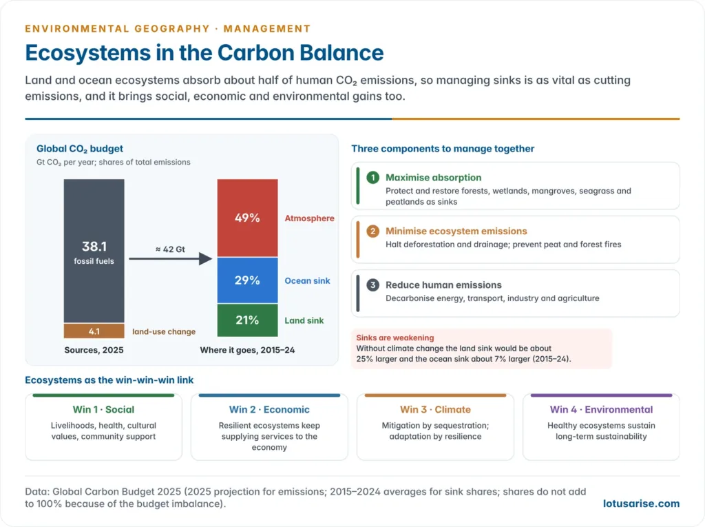 Bar chart of global carbon dioxide sources and sinks from the Global Carbon Budget 2025, fossil emissions of 38.1 and land-use change emissions of 4.1 gigatonnes, split into ocean, land and atmosphere shares, with the three management levers of maximising absorption, minimising ecosystem emissions and reducing human emissions, and a row of four wins: social, economic, climate and environmental