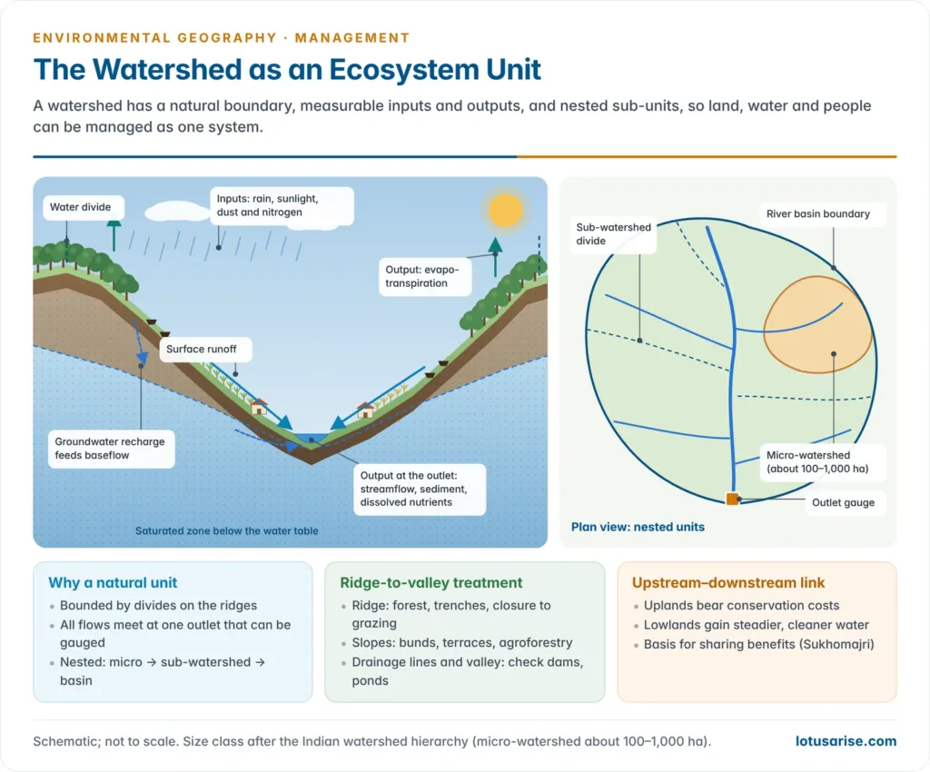 Ridge-to-valley cross-section of a watershed drawn as an ecosystem, with rain and sunlight entering, evapotranspiration leaving, forest and trenches on the ridge, terraces and bunds on the slopes, check dams in the drainage line and a stream gauge at the outlet measuring water, sediment and nutrients, plus a plan view of nested micro-watersheds inside a river basin