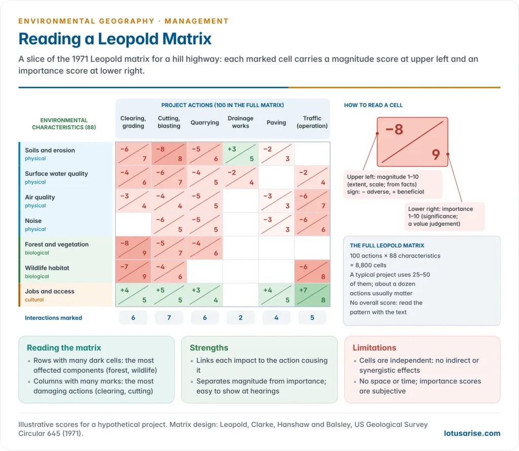 A section of a Leopold matrix for a highway project, with project actions across the top and environmental characteristics down the side, each marked cell split by a diagonal slash into a magnitude score at upper left and an importance score at lower right, plus row and column totals