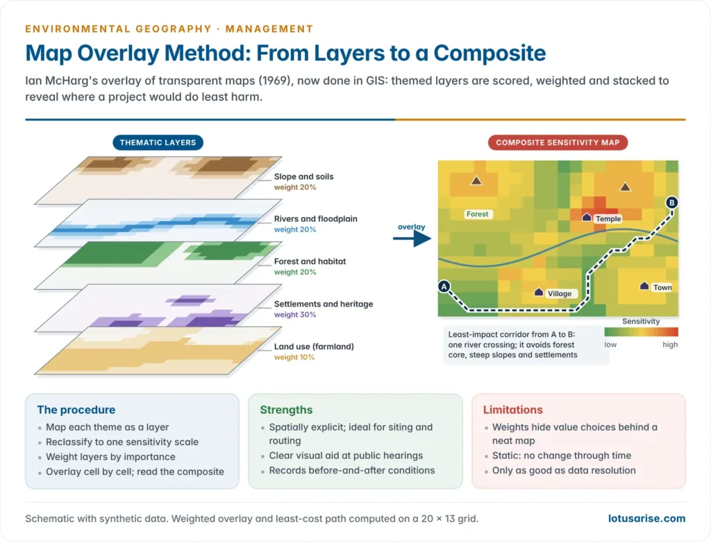 Map overlay method shown as five stacked, weighted layers of slope and soils, rivers and floodplain, forest and habitat, settlements and heritage, and farmland, combining into a composite sensitivity map on which a least-impact road corridor is traced