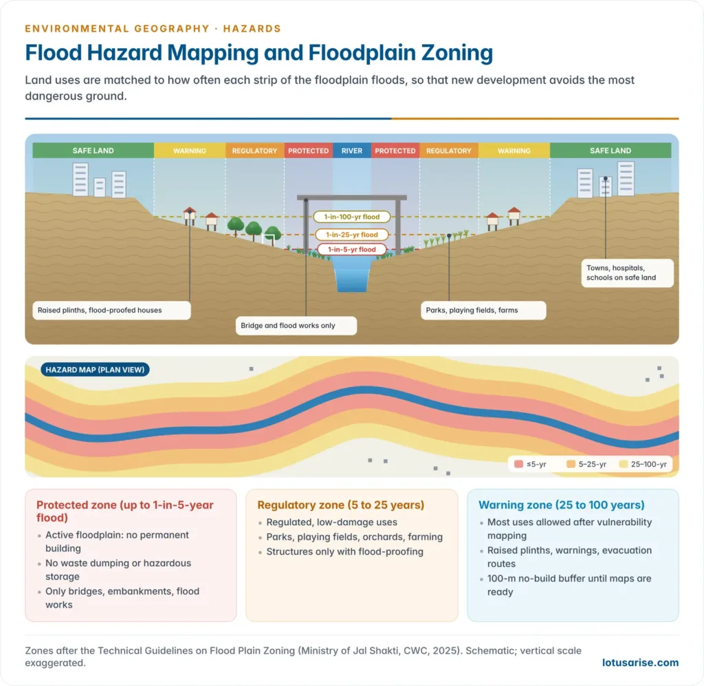 Cross-section of a river valley showing the channel, the active floodplain flooded once in 5 years as a protected zone, a regulatory zone flooded up to once in 25 years, a warning zone up to the 100-year flood line and safe higher ground, with permitted land uses in each zone and a plan-view flood hazard map beneath