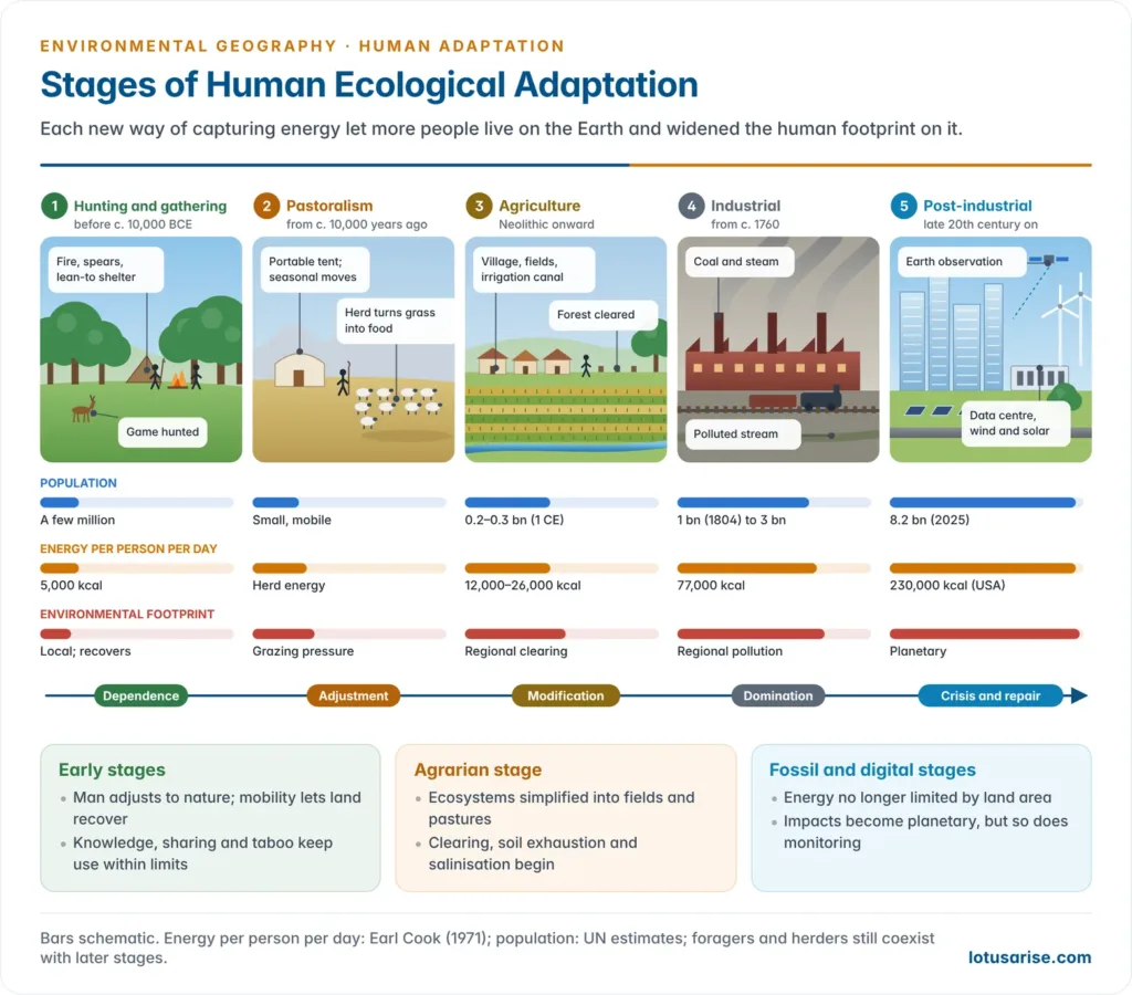 Panorama of five landscapes, from a forest camp of hunter-gatherers to herders on grassland, a farming village with irrigated fields, an industrial city with smoking factories and a post-industrial city with solar panels and data centres, with bars showing population, energy use and environmental footprint rising at each stage