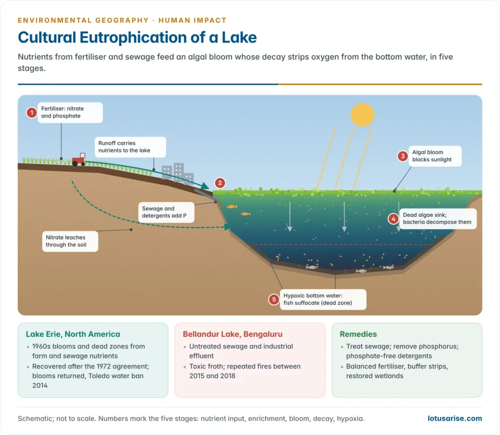 Cross-section of farmland and a town draining fertiliser and sewage into a lake, showing the five stages of eutrophication from nutrient runoff and algal bloom to blocked sunlight, bacterial decay, oxygen loss and dead fish in the bottom water