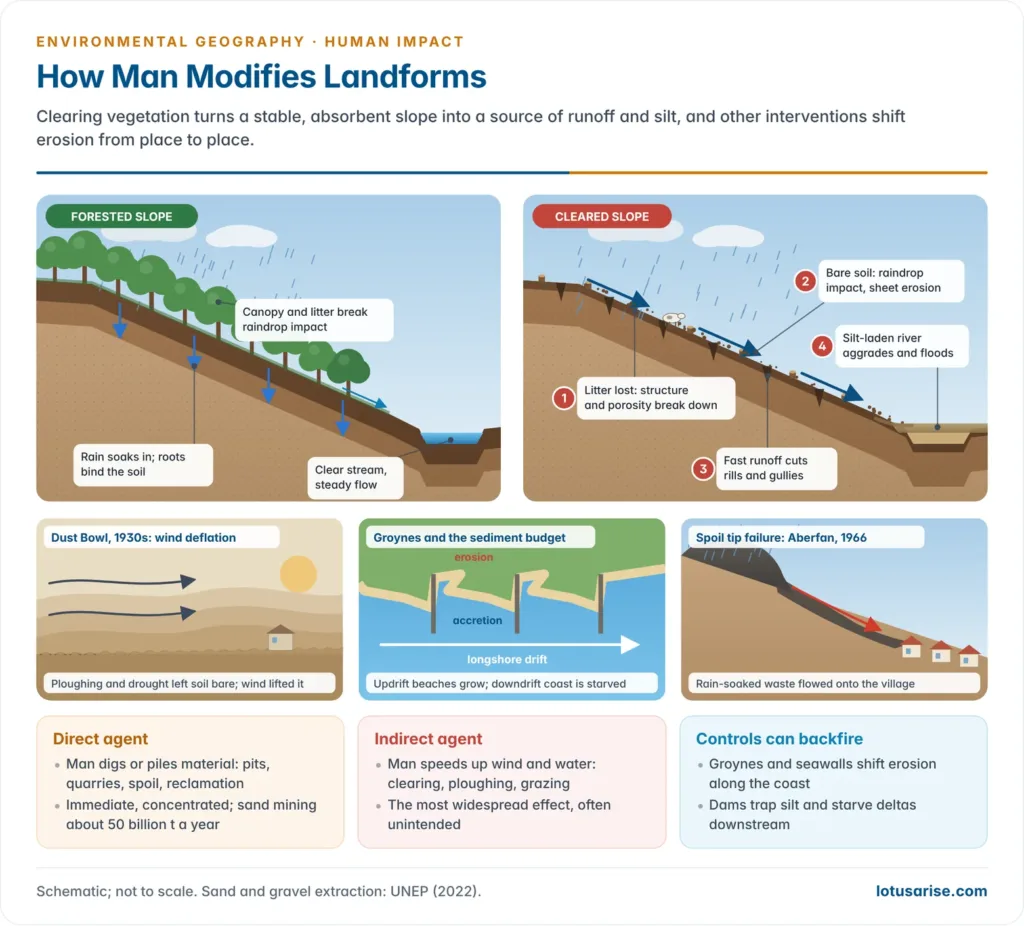 Hillslope cross-section contrasting a forested slope where rain soaks in with a cleared slope cut by rills and gullies that sends sediment to an aggrading, flooding river, with insets on the 1930s Dust Bowl, groynes trapping sand updrift and starving the downdrift coast, and a sliding mine spoil tip