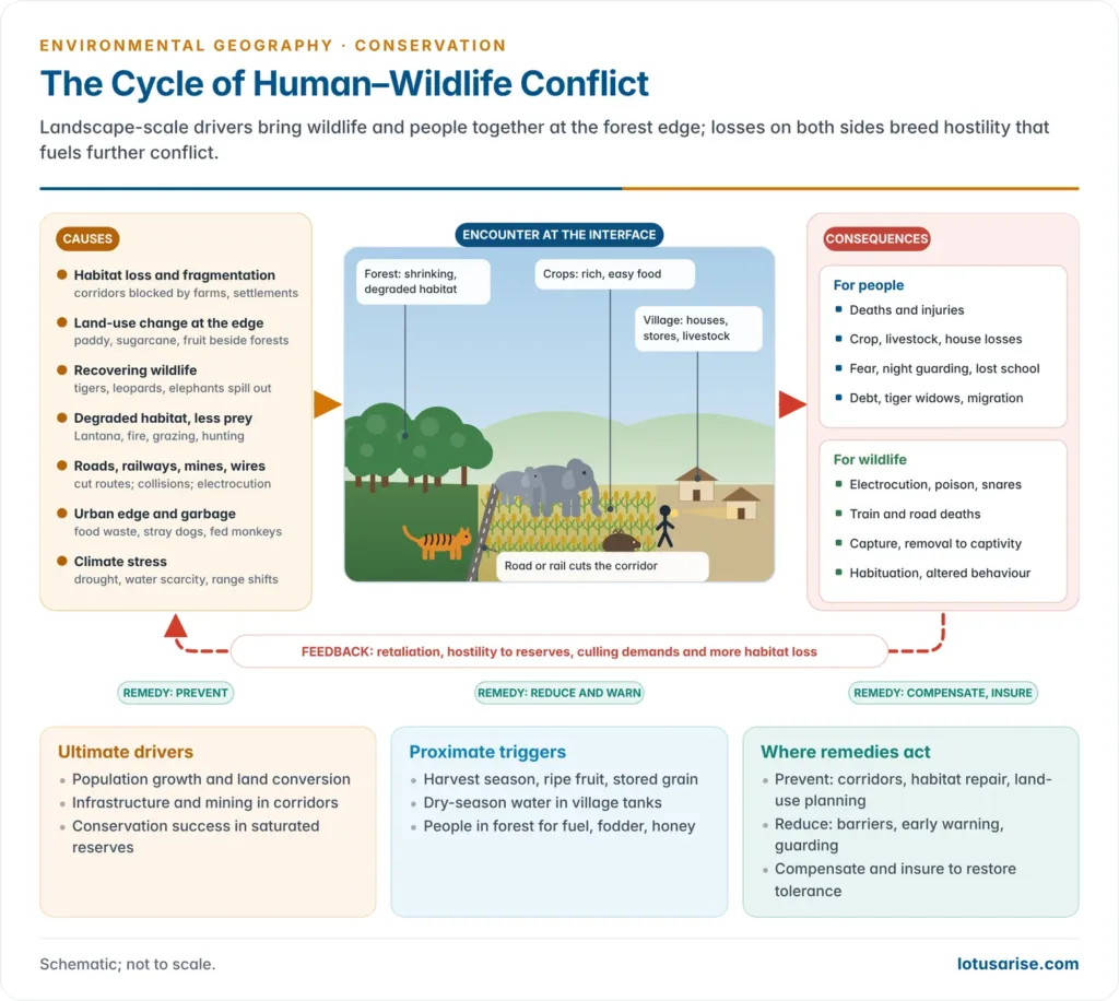 Cycle diagram showing ultimate drivers such as habitat loss, land-use change, recovering populations, infrastructure and climate change leading to more human–wildlife encounters, which cause losses to people and to wildlife, then fear, retaliation and loss of public support that feed back into further habitat loss and conflict