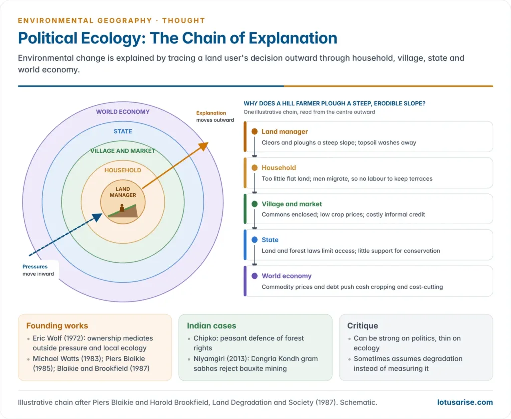 Nested rings of the political ecology chain of explanation, from the land manager at the centre through the household, village and local markets, the state and its policies, to the world economy, with a soil-erosion example traced outward