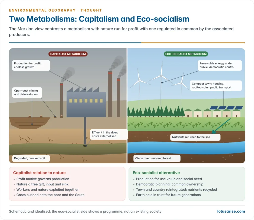 A landscape split in two: on the capitalist side smokestacks, a polluted river and degraded soil under the profit motive, and on the eco-socialist side wind turbines, restored forest and a clean river under democratic planning, with the contrasting features labelled