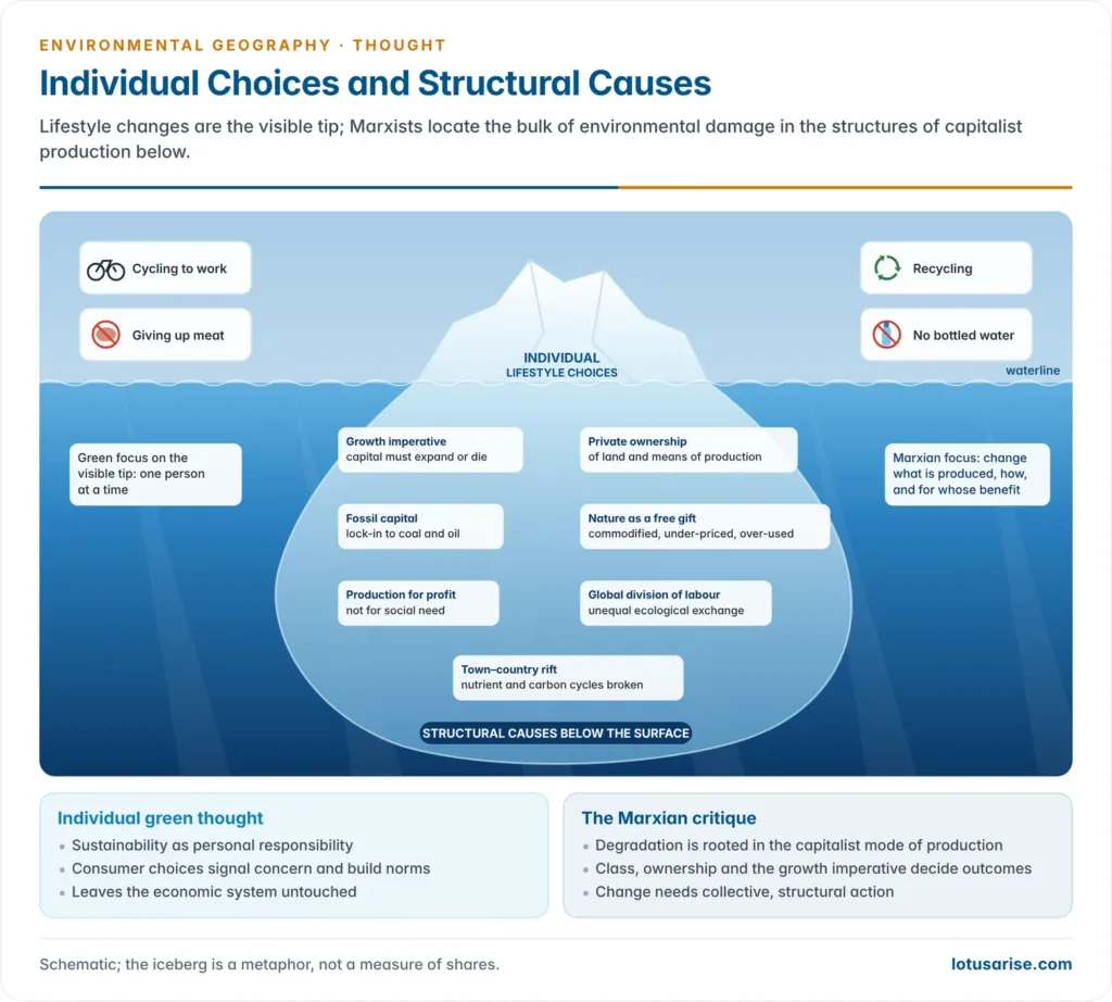 An iceberg in the sea: above the waterline sit individual green actions such as cycling, eating less meat, recycling and refusing bottled water, while the much larger mass below holds the structural drivers named by Marxists, from the growth imperative and private ownership to fossil capital and the commodification of nature
