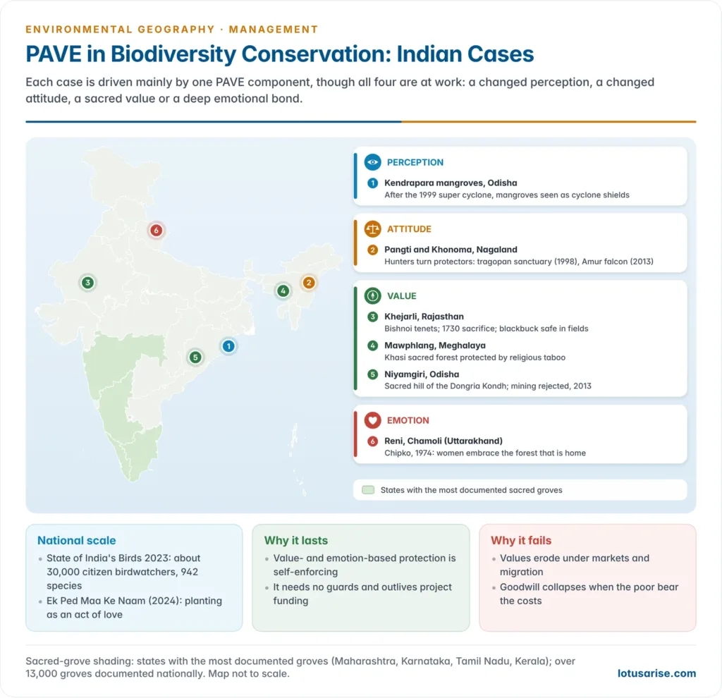 Map of India marking conservation cases grouped by the PAVE component that drives them: Odisha mangroves for perception, Pangti and Khonoma in Nagaland for attitude, Bishnoi Khejarli and sacred groves in Maharashtra, Karnataka, Kerala and Meghalaya for value, and Chipko at Reni for emotion