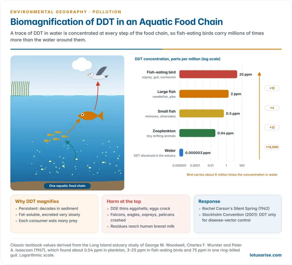 Aquatic food chain from water through zooplankton, small fish and large fish to a fish-eating bird, with DDT concentration bars on a logarithmic scale rising from trace levels in water to about 25 ppm in the bird