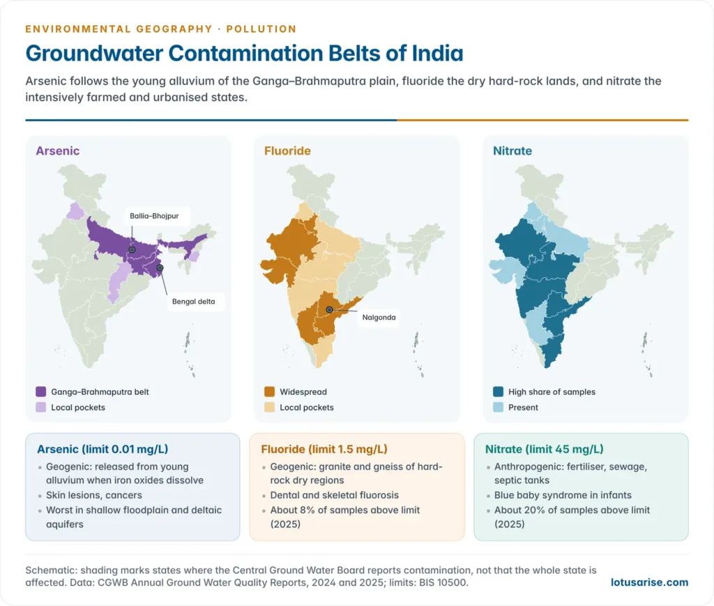 Three schematic maps of India highlighting the states with arsenic in the Ganga–Brahmaputra plain, fluoride in the semi-arid west and south, and nitrate in intensively farmed states, based on Central Ground Water Board reports