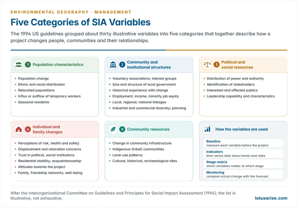Five category cards of SIA variables, population characteristics, community and institutional structures, political and social resources, individual and family changes and community resources, each with an icon and its main variables