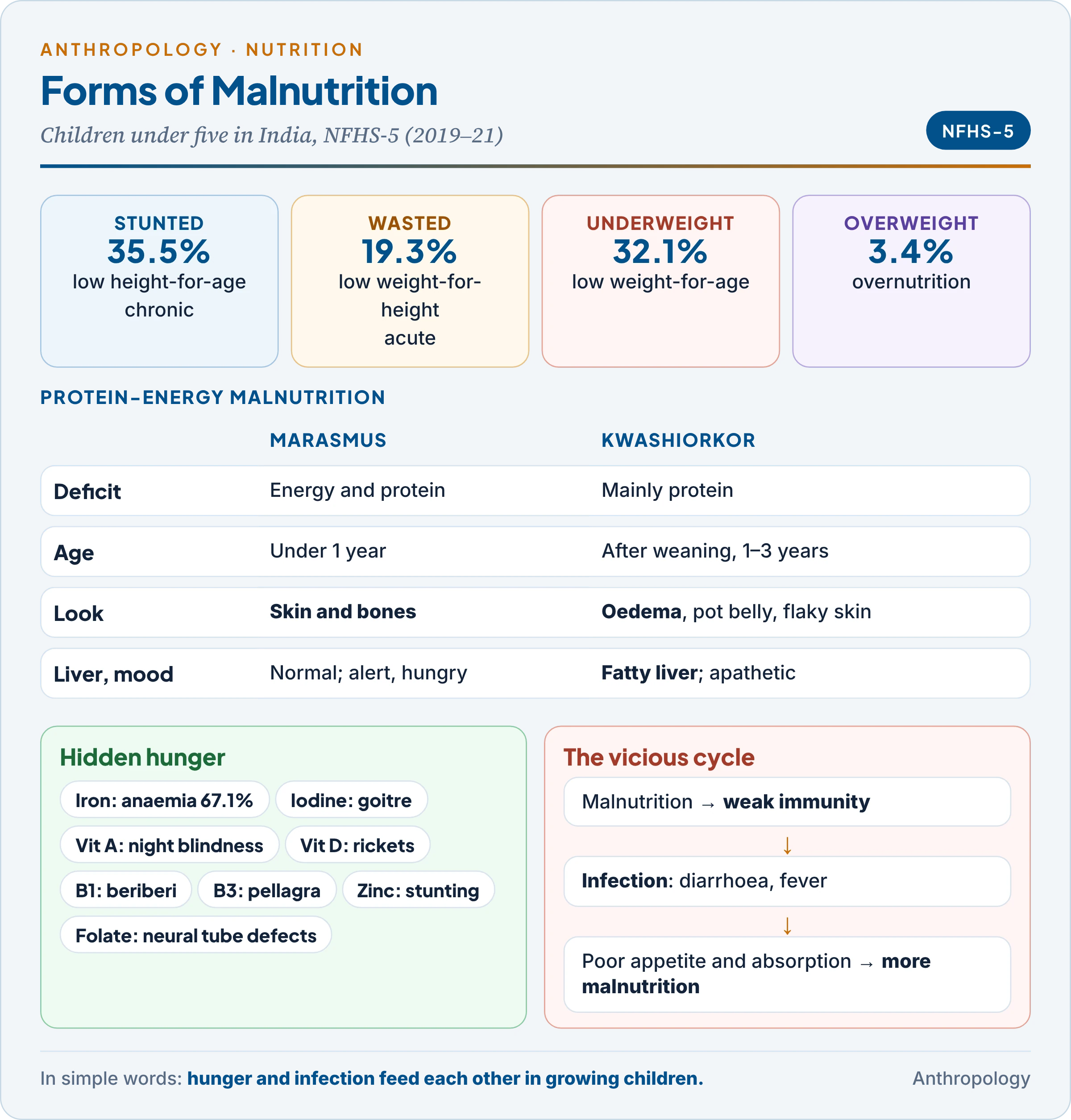 Forms of malnutrition: undernutrition (stunting, wasting, underweight), marasmus versus kwashiorkor, hidden hunger from micronutrient deficiencies, overnutrition, and the malnutrition-infection cycle, with NFHS-5 figures