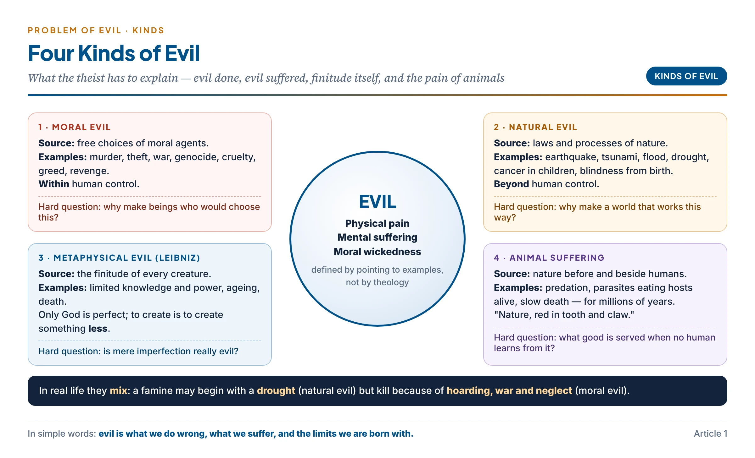 Kinds of evil — moral, natural, metaphysical and animal suffering — with examples and who or what causes each