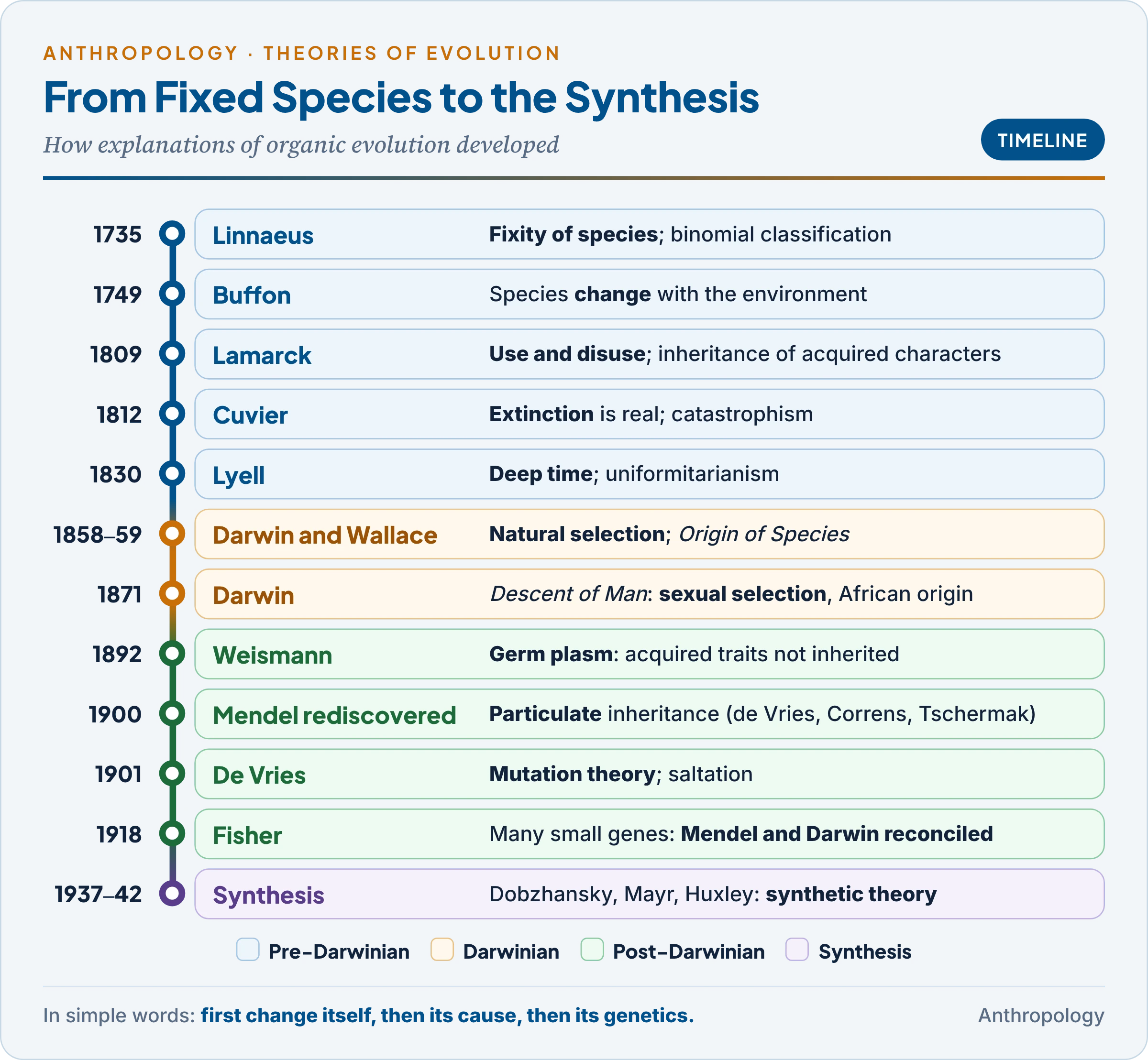 Timeline of evolutionary thought: pre-Darwinian ideas, Darwin and Wallace, the post-Darwinian debates, and the synthesis