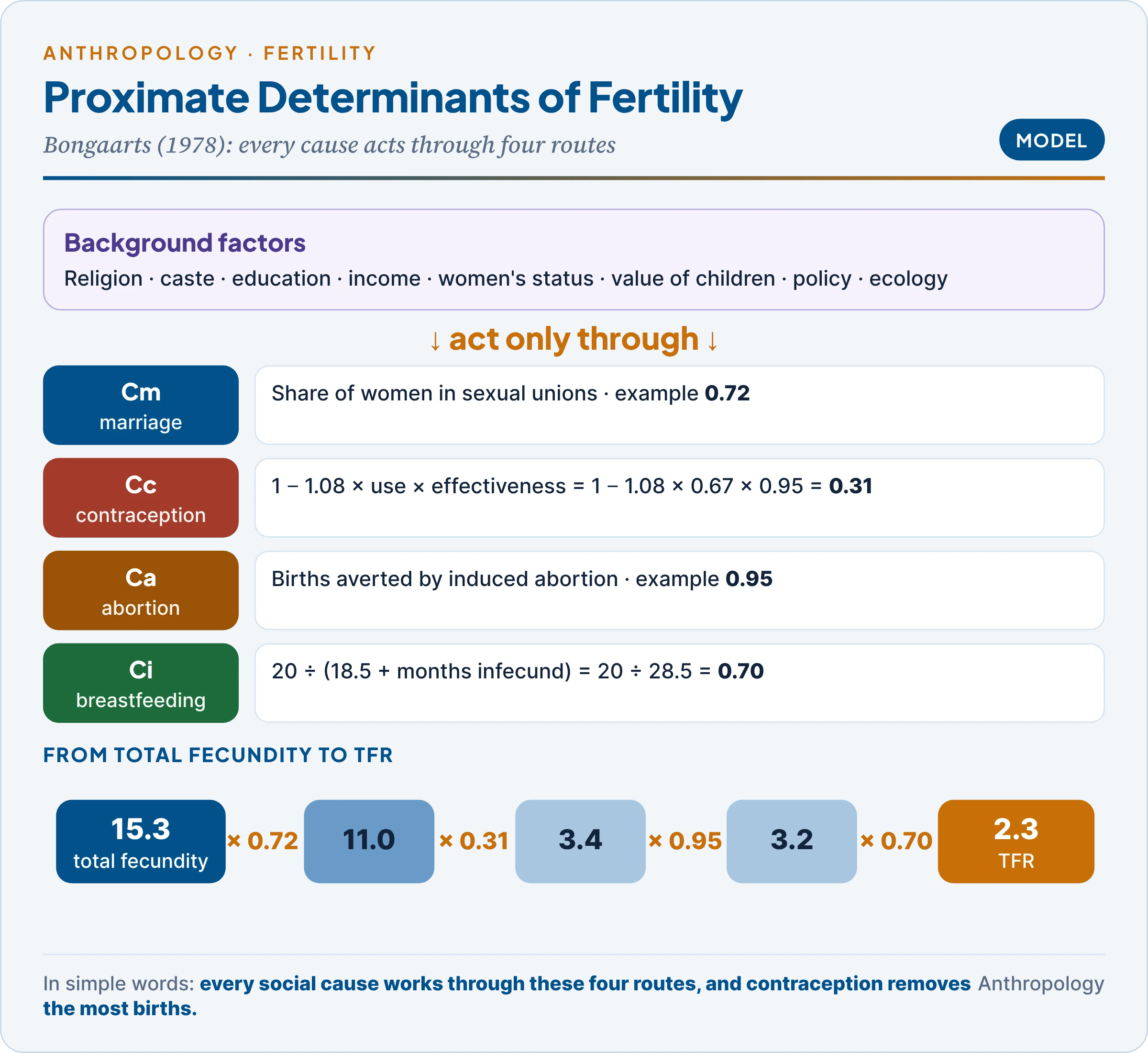 Bongaarts' proximate determinants: background social, economic and cultural factors acting through marriage, contraception, induced abortion and postpartum infecundability to reduce total fecundity of about 15.3 to the observed TFR, with a worked example