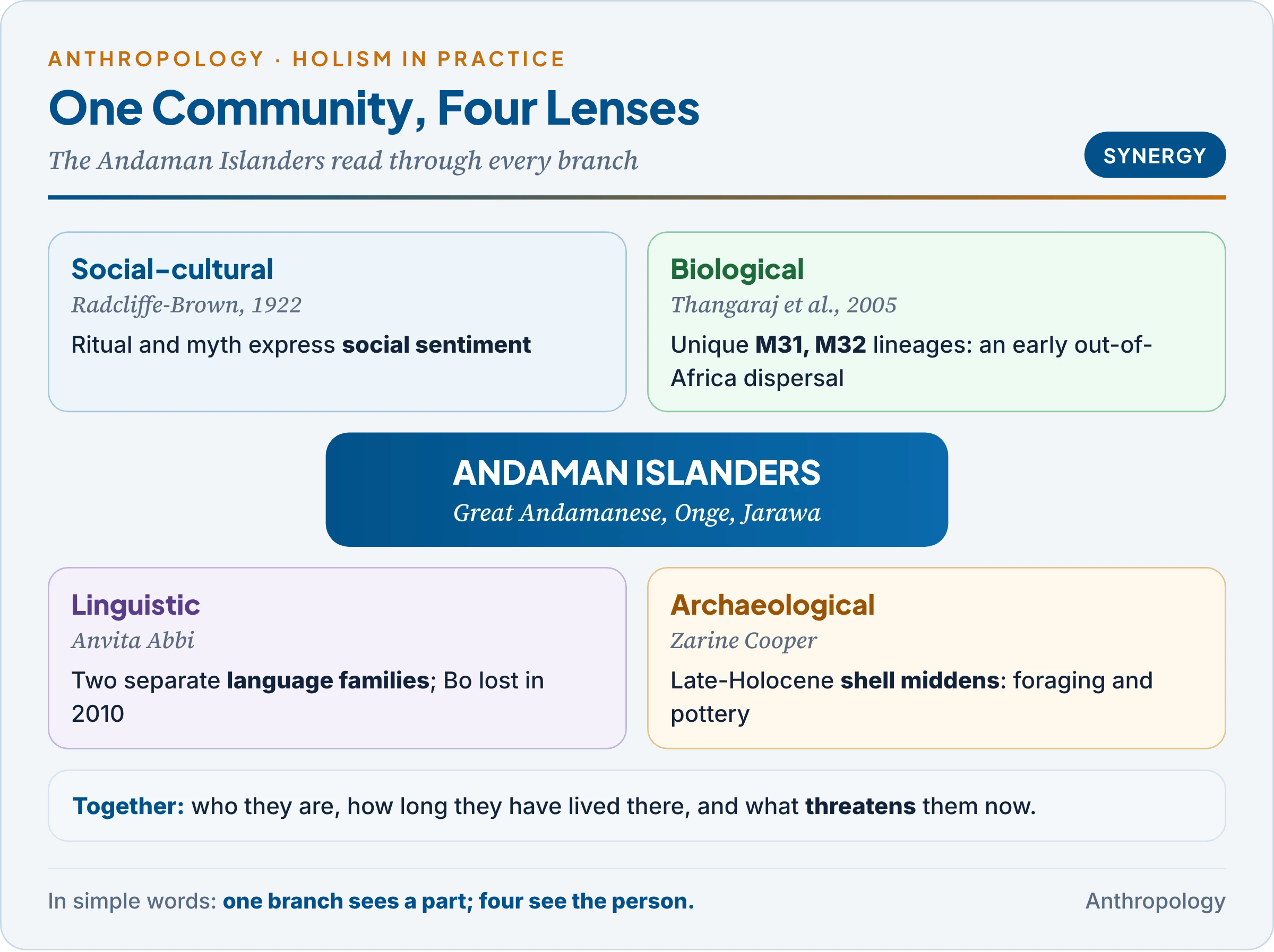 The Andaman Islands seen through all four branches: social structure, genetics, endangered languages and shell-midden archaeology