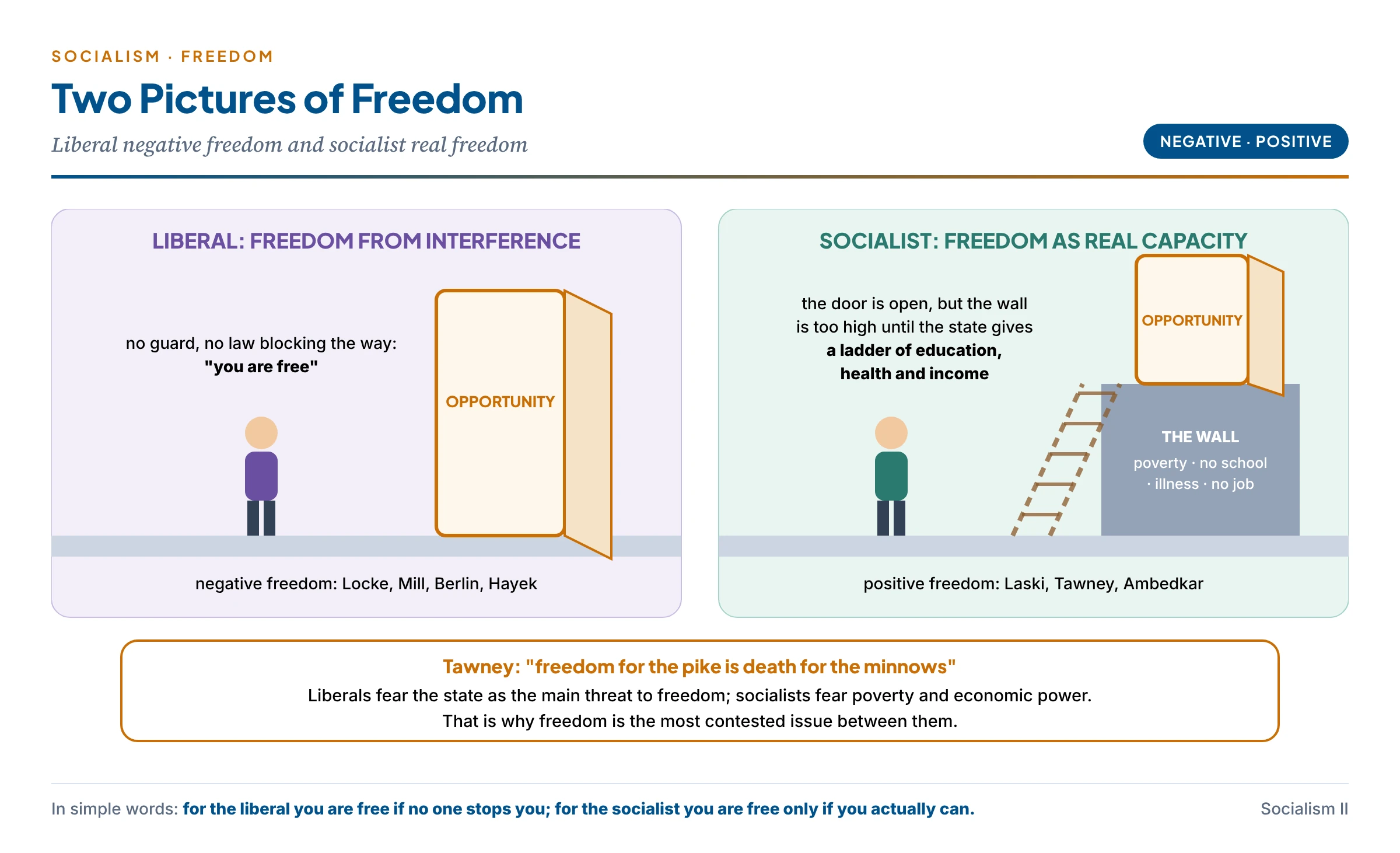 Two pictures of freedom: on the liberal side a person stands before an open door with no guard, labelled freedom from interference; on the socialist side a person stands before the same open door but at the bottom of a wall too high to climb until a ladder of education, health and income is provided, labelled freedom as real capacity