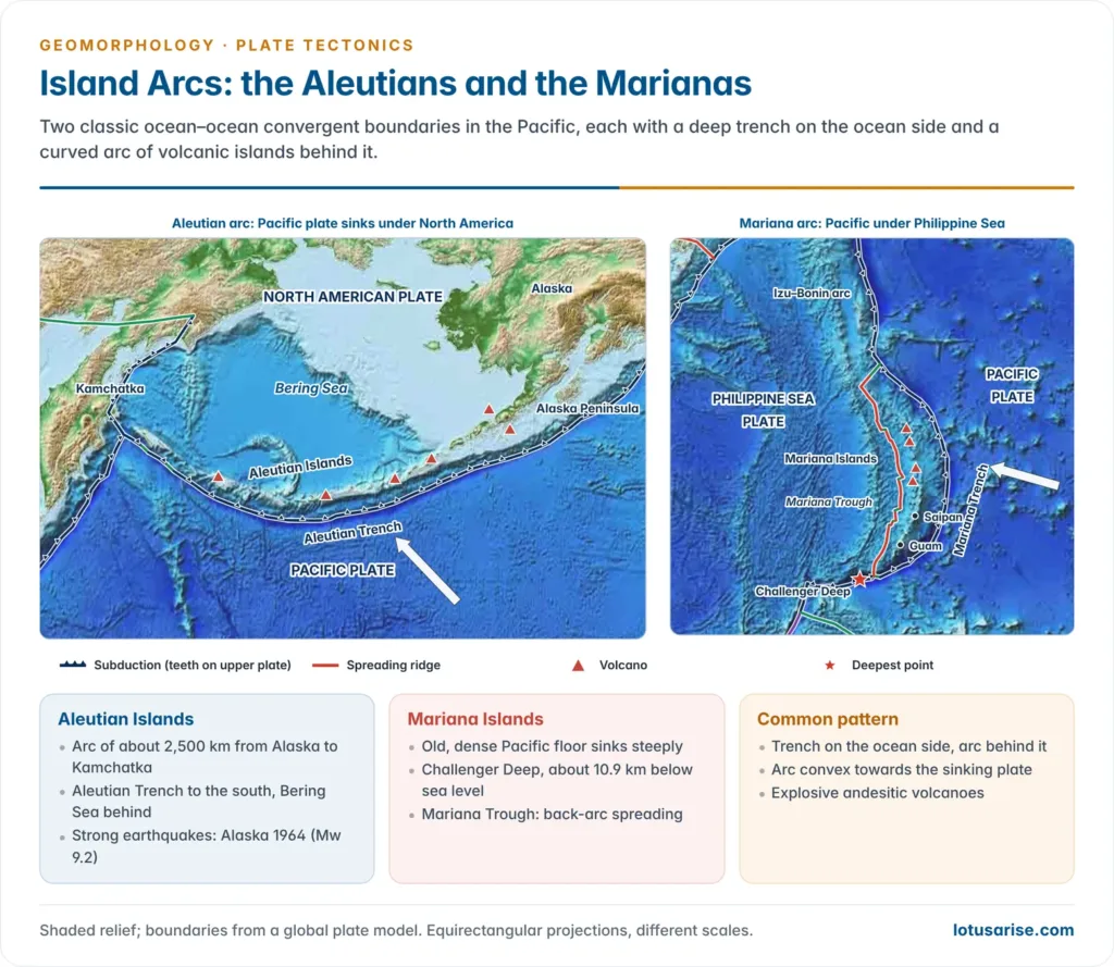 Relief maps of the Aleutian arc and trench between Kamchatka and Alaska, and the Mariana arc and trench with the Challenger Deep, Guam, Saipan and the Mariana Trough