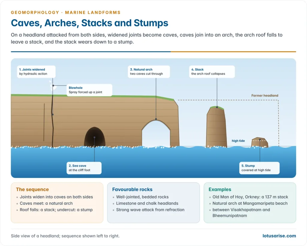 Headland eroded along joints into a sea cave, arch, stack and stump
