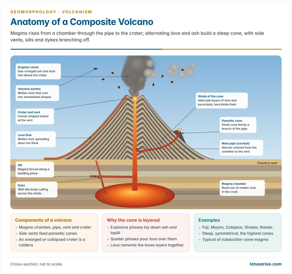 Cross-section of a composite volcano showing the magma chamber, main pipe, crater, alternating lava and ash layers, parasitic cone, lava flow, volcanic bombs, sill and dyke