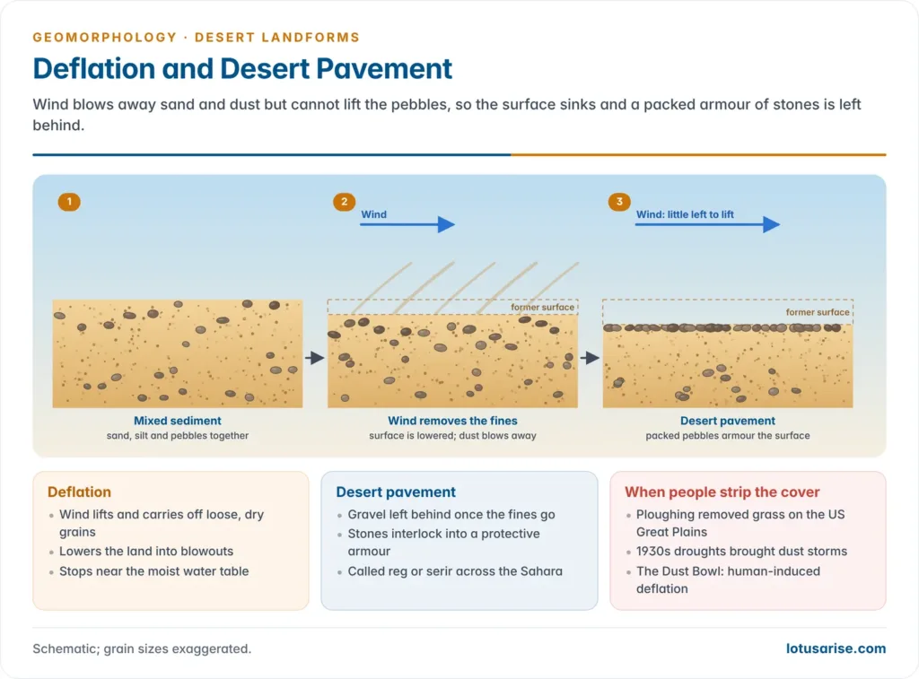 Deflation and Desert Pavement. Wind blows away sand and dust but cannot lift the pebbles, so the surface sinks and a packed armour of stones is left behind.