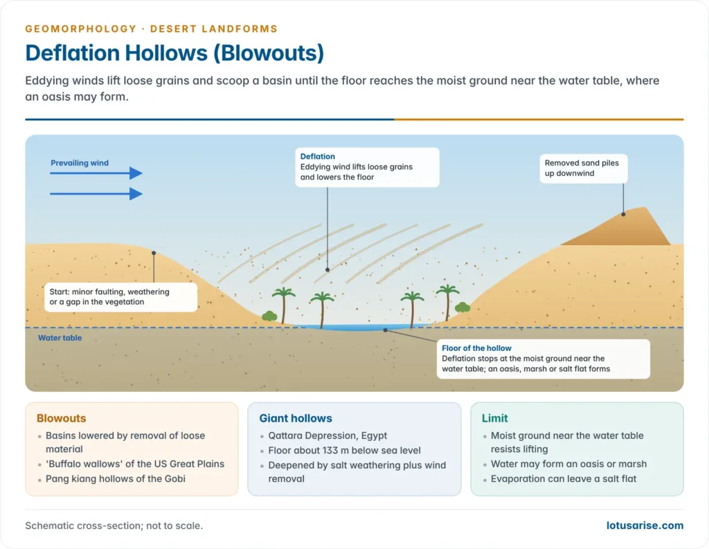 Deflation Hollows (Blowouts). Eddying winds lift loose grains and scoop a basin until the floor reaches the moist ground near the water table, where an oasis may form.