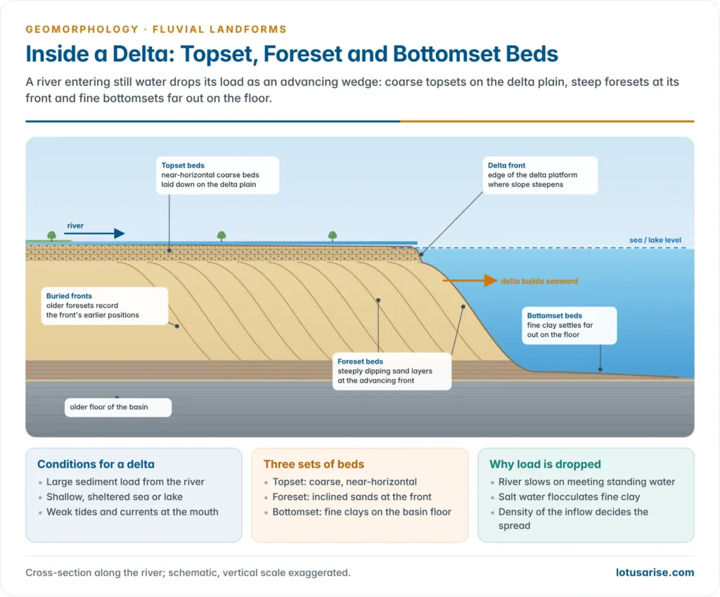 Cross-section of a delta showing horizontal topset beds, steeply inclined foreset beds at the advancing front and fine bottomset beds on the basin floor