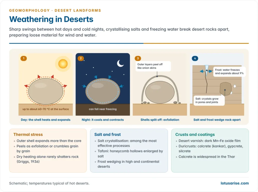Weathering in Deserts. Sharp swings between hot days and cold nights, crystallising salts and freezing water break desert rocks apart, preparing loose material for wind and water.