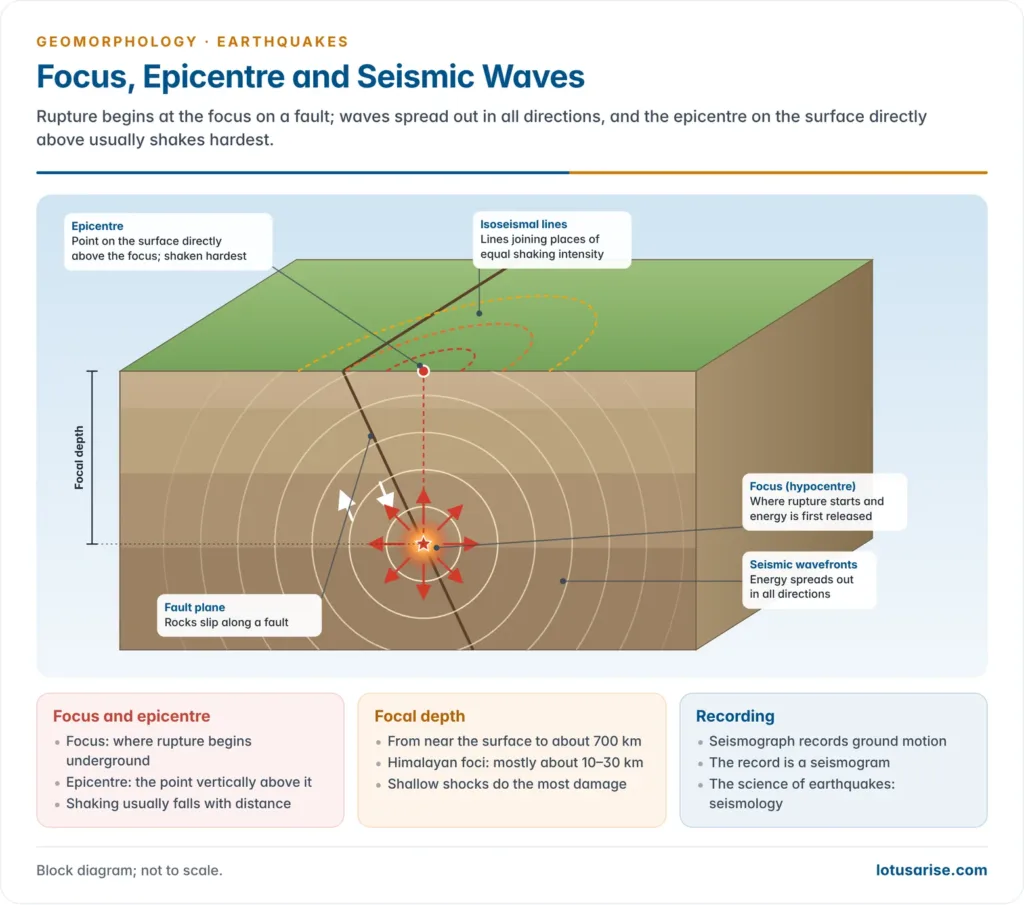 Block diagram of a fault with the focus deep on the fault plane, seismic wavefronts spreading out in all directions, the epicentre on the surface directly above and isoseismal lines around it
