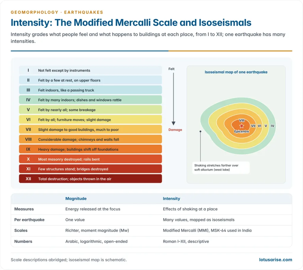 Modified Mercalli intensity scale from I, not felt, to XII, total destruction, beside an isoseismal map of one earthquake
