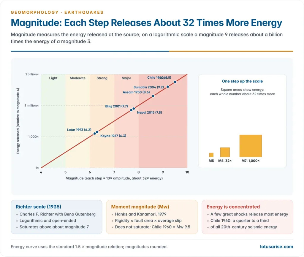 Graph of earthquake energy against magnitude on a logarithmic scale with Indian and world earthquakes marked, and squares showing each magnitude step releases about 32 times more energy