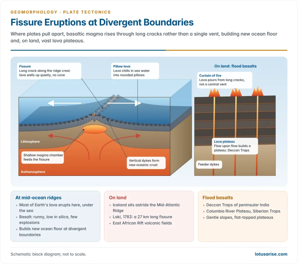 Block diagram of a fissure eruption along a mid-ocean ridge with pillow lava, dykes and a magma chamber, beside a section of flood basalts building a lava plateau on land