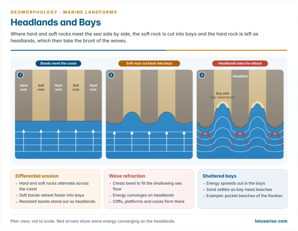 Three plan-view stages of differential erosion turning alternating hard and soft rock into headlands and bays