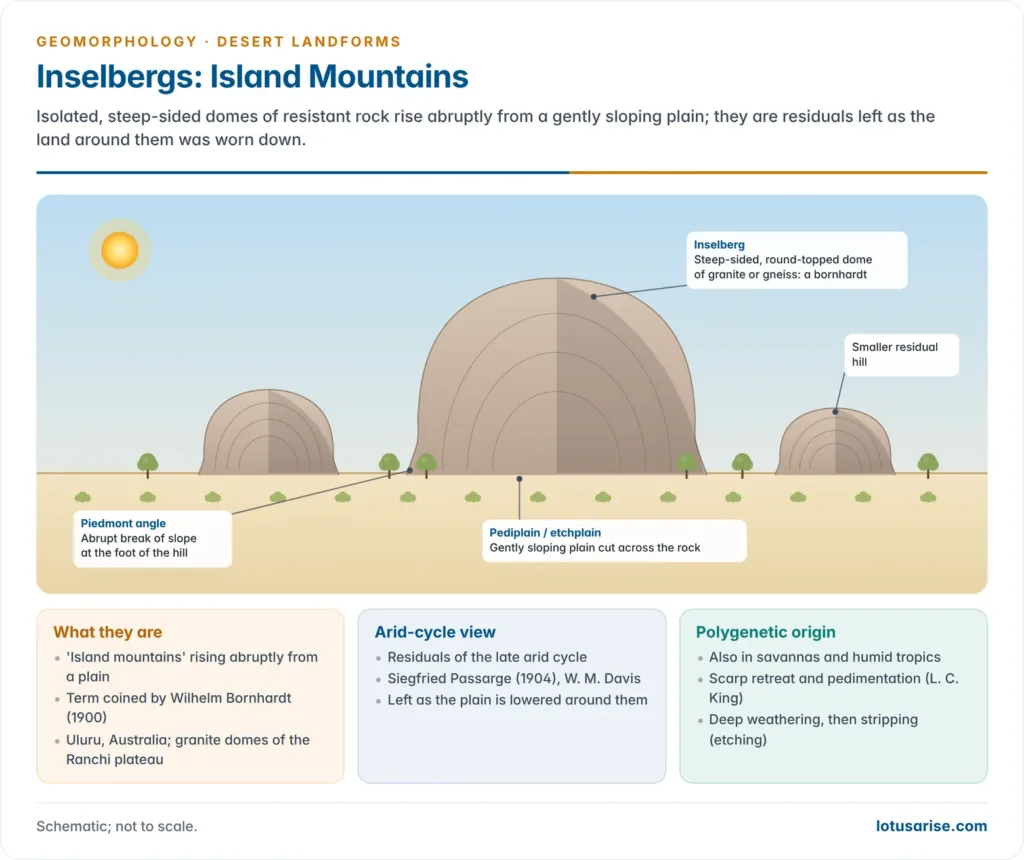 Inselbergs: Island Mountains. Isolated, steep-sided domes of resistant rock rise abruptly from a gently sloping plain; they are residuals left as the land around them was worn down.