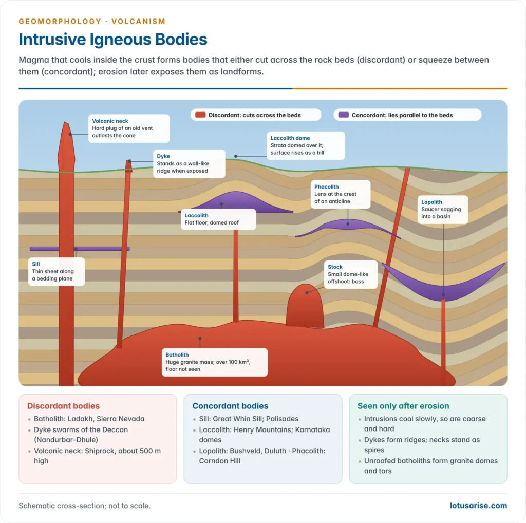 Cross-section of intrusive igneous bodies, discordant batholith, stock, dykes and volcanic neck versus concordant sill, laccolith, phacolith and lopolith