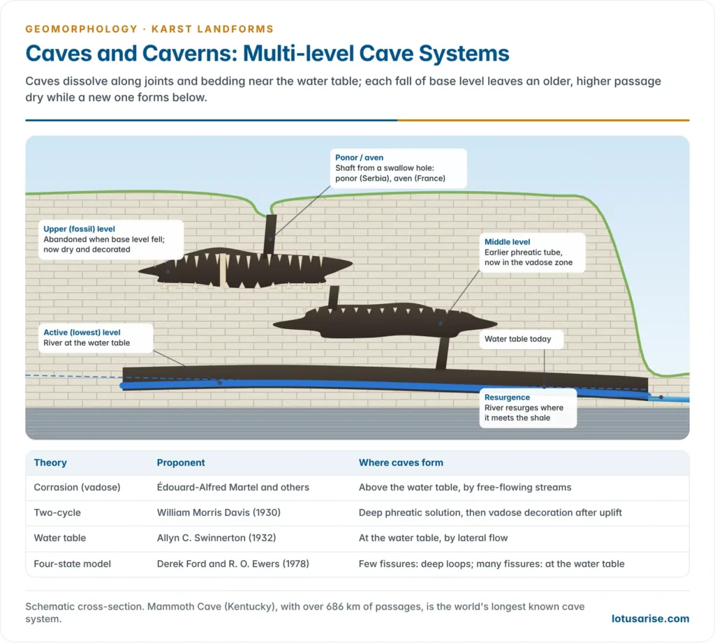 Cross-section of a multi-level cave system with a dry decorated upper level, a middle phreatic tube, an active river level at the water table, shafts from swallow holes and a resurgence