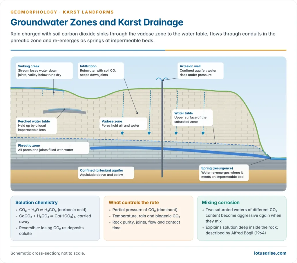 Cross-section of limestone showing infiltration, a perched water table, the vadose and phreatic zones, the water table, a conduit to a spring and a confined artesian aquifer with a flowing well