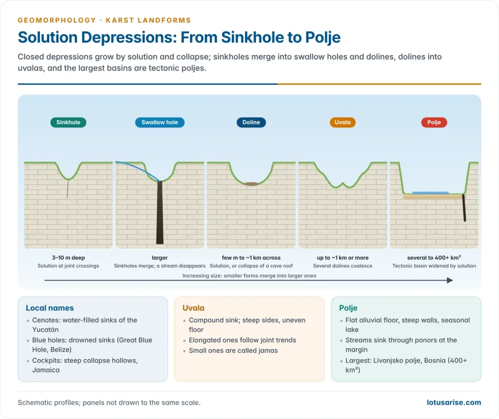 Five profiles comparing a sinkhole, swallow hole, doline, uvala and polje with their typical sizes and origins