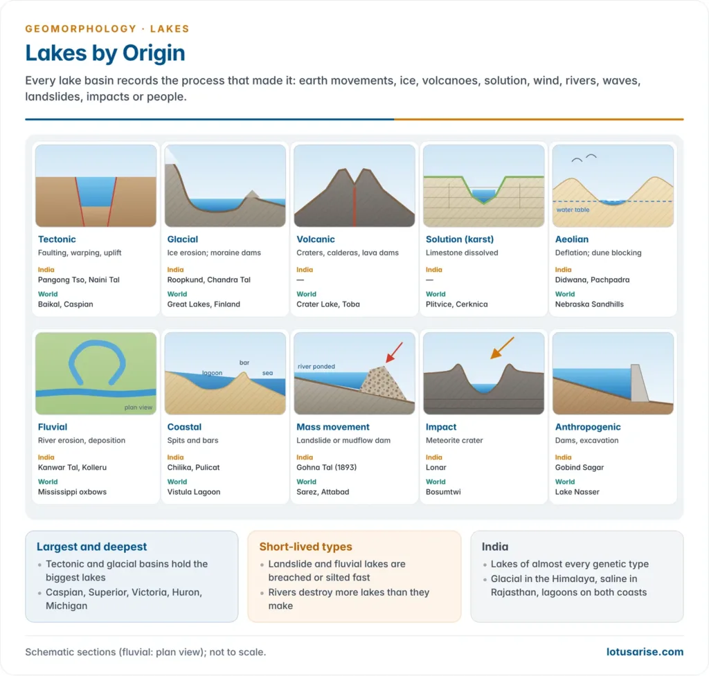 Lakes by Origin. Every lake basin records the process that made it: earth movements, ice, volcanoes, solution, wind, rivers, waves, landslides, impacts or people.