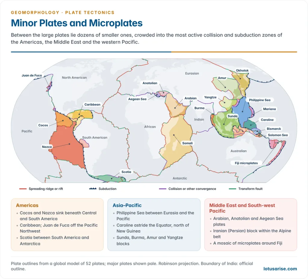 World map highlighting minor plates and microplates such as Cocos, Nazca, Caribbean, Juan de Fuca, Scotia, Arabian, Anatolian, Philippine Sea, Caroline, Bismarck and the Fiji microplates