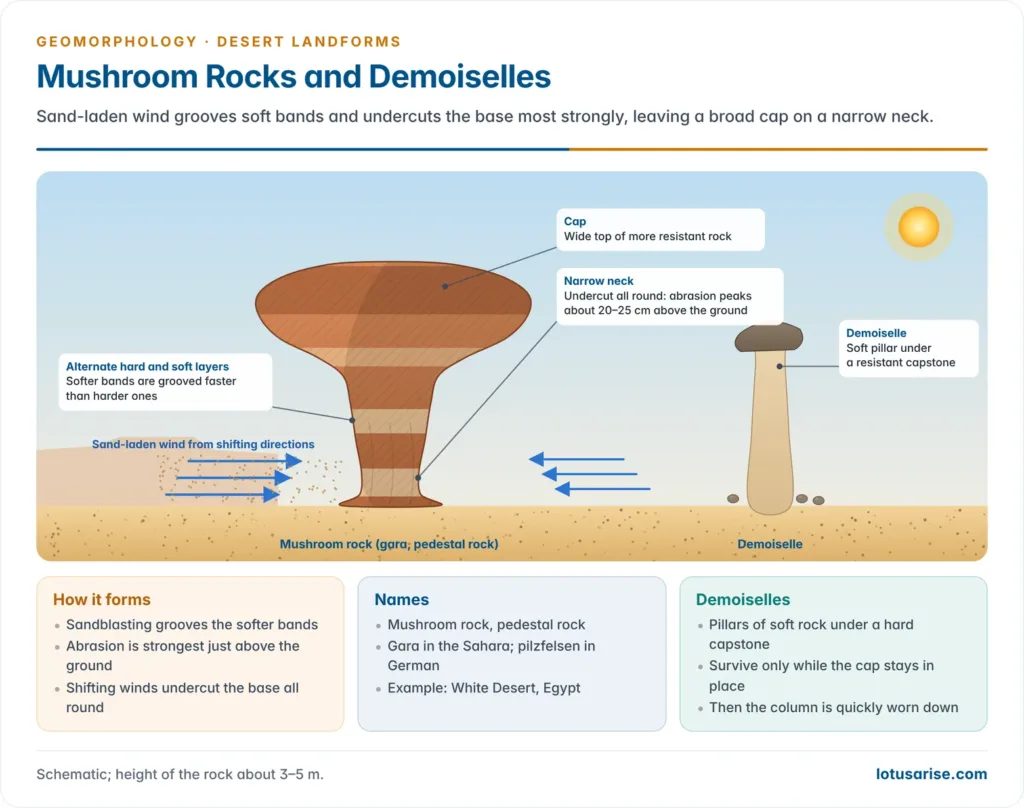 Mushroom Rocks and Demoiselles. Sand-laden wind grooves soft bands and undercuts the base most strongly, leaving a broad cap on a narrow neck.