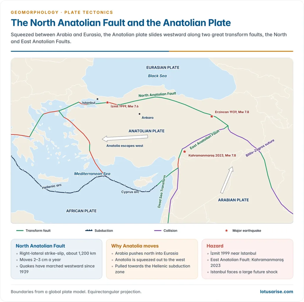Map of the Anatolian plate bounded by the North and East Anatolian Faults, with the Hellenic and Cyprus arcs, the Dead Sea Transform and major earthquakes at İzmit, Erzincan and Kahramanmaraş